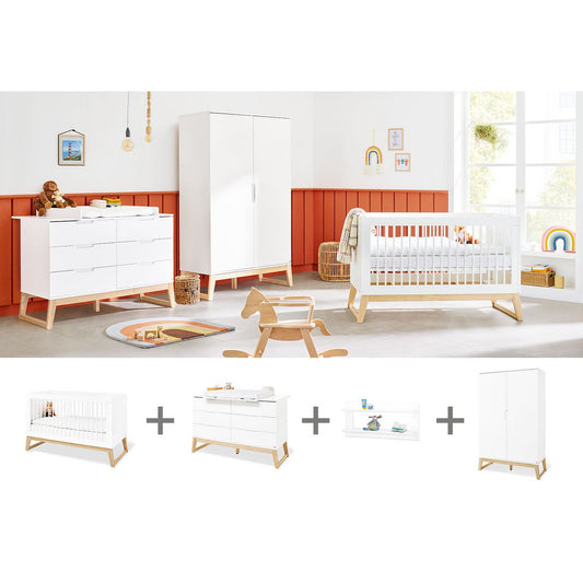 Kinderzimmer 'Bridge' extrabreit, inkl. Wandregal
4-teilig: Kinderbett, extra breite Wickelkommode, 2-türiger Kleiderschrank, Wandregal